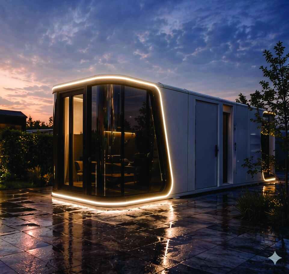 Casa modular iluminada al atardecer